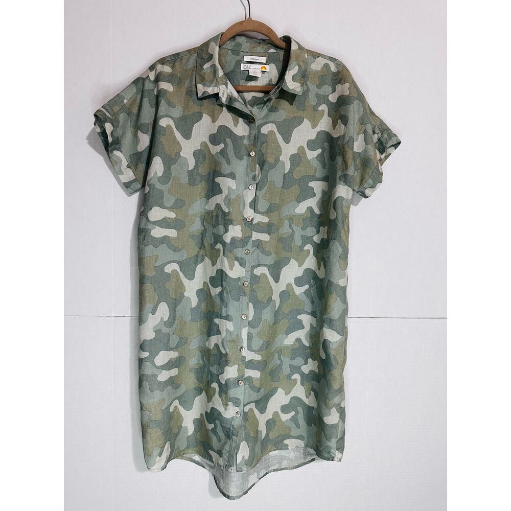C&C California Camo Button Down Linen Shirt Dress Size Large